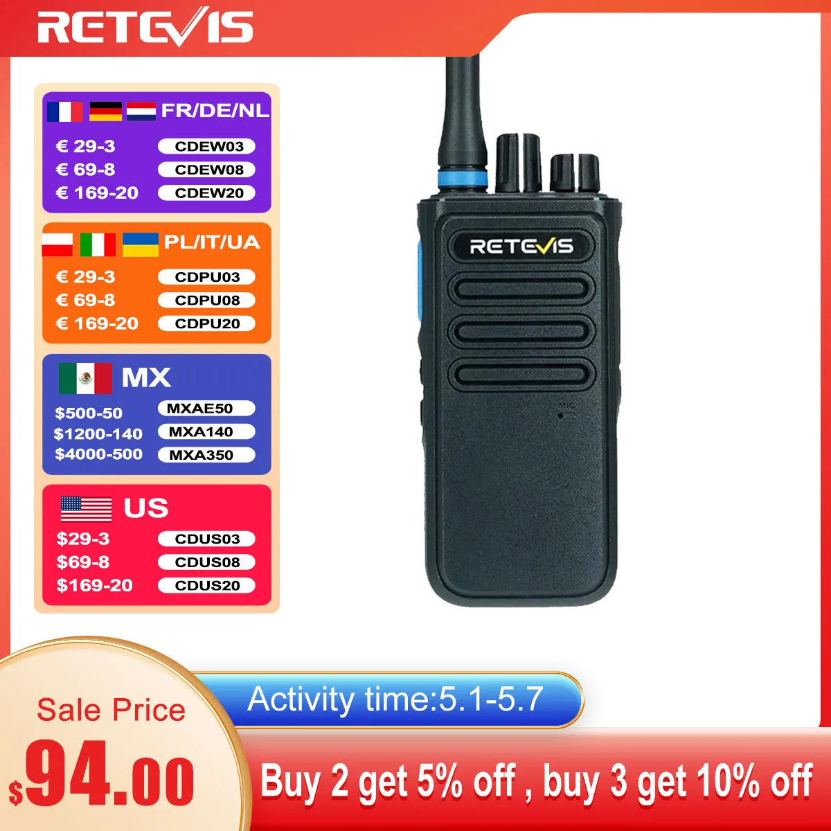 Retevis P1 DMR Digital Walkie Talkie Superheterodyne Receiver High Power UHF Two Way Radio AES256 Long Range Radio Type-C Charge