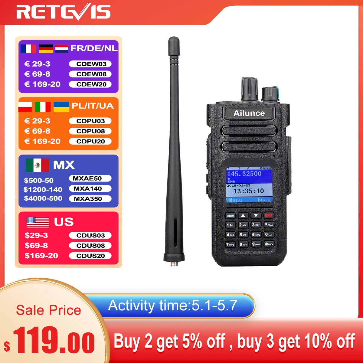 Ailunce HD1 DMR Digital Walkie Talkie Ham Radio Long Range Amateur Two-Way Radio Walkie-talkie GPS VHF UHF Dual Band Transceiver