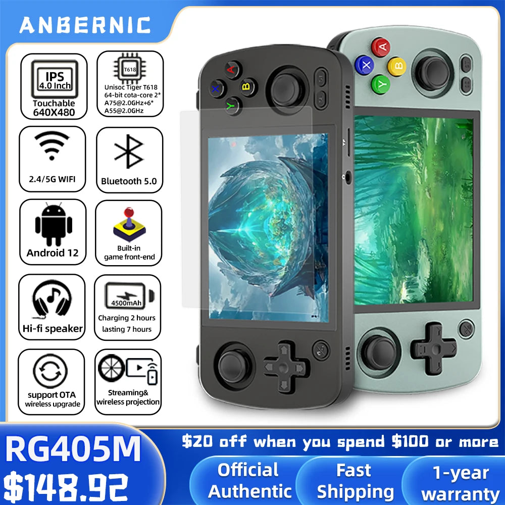 ANBERNIC RG405M Metal Handheld Game Console Android 12 System Unisoc Tiger T618 4 Inch IPS Screen Game Player Support OTA Update